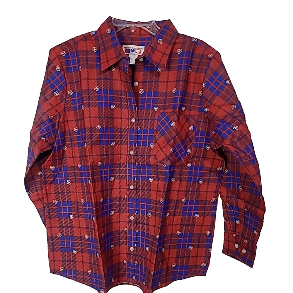 NWOT American Sweetheart Red Floral Plaid Pocket‎ Button Down Shirt Womans XL